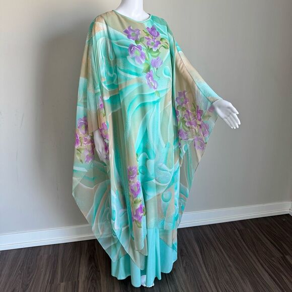 VTG 1970’s Floral Printed Chiffon Maxi Kaftan Dress - Picture 3 of 11
